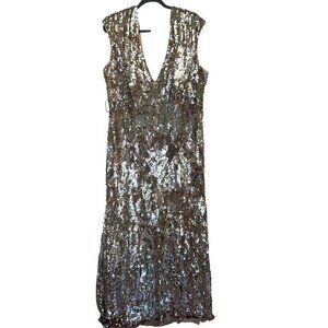 Mac Duggal Fabulouss Gown Size 24W Gold Sequins Column V Neck‎ Back Train Formal